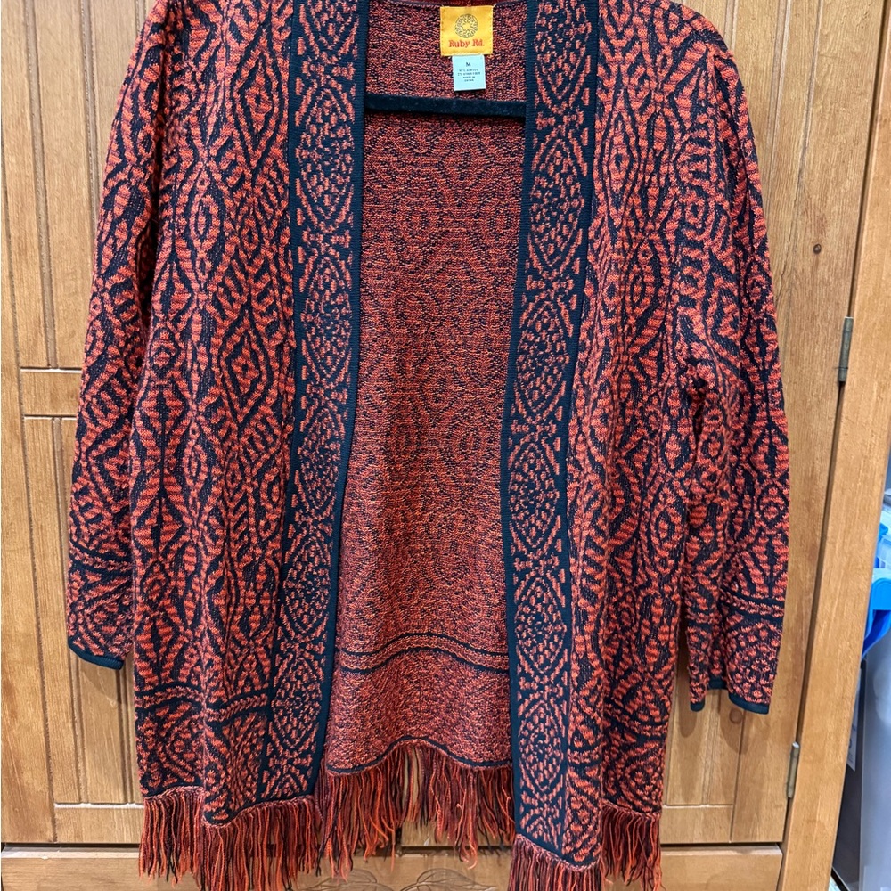 Ruby Rd. Orange and Black Open-Front Fringe Cardigan Sweater